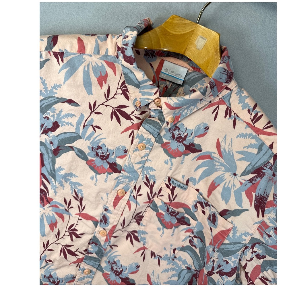 Columbia Floral Button Up Shirt Short Sleeve Regular Fit Casual Mens L Beach Sea